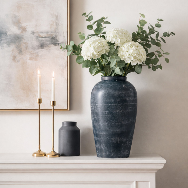 Textured Terracotta Vase With Distressed Finish For Home Decor - Tall Flower Vase For Entryway Table, Shelf Decor, Or Floor Accent - Blue