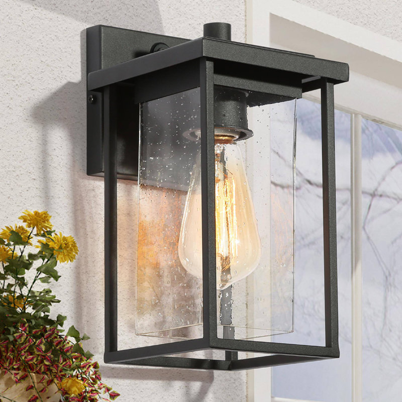 Cosimo 1-Lights Square Seeded/ Bubble Black Outdoor Wall Sconce