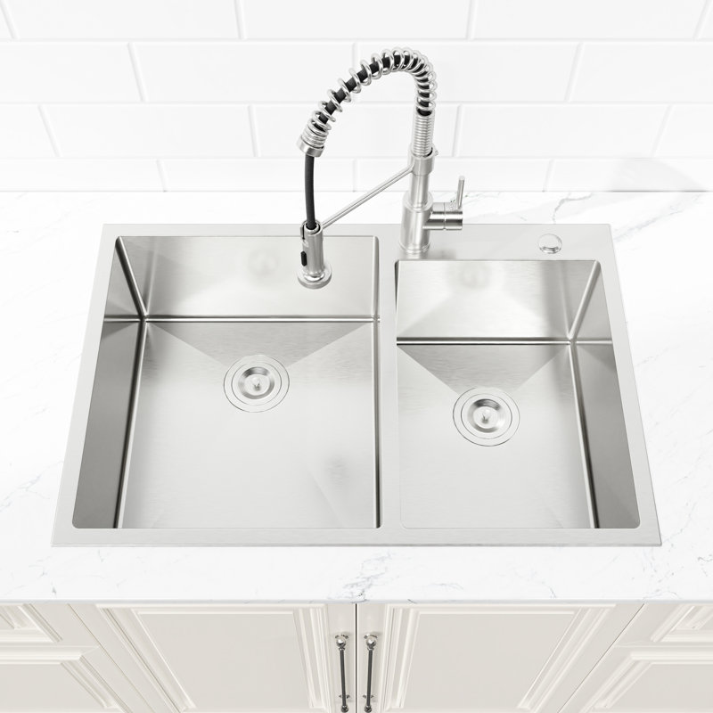 33"X19" Stainless Steel Sink - Overmount, Double Bowl, With Scratch And Stain Resistance Overmount Corrosion , Modern Look