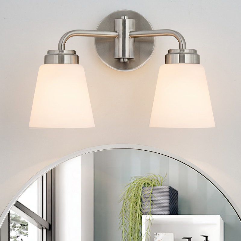 Luminaire de salle de bain 2 lumières à intensité variable avec abat-jour en verre blanc laiteux, 2, Nickel brossé