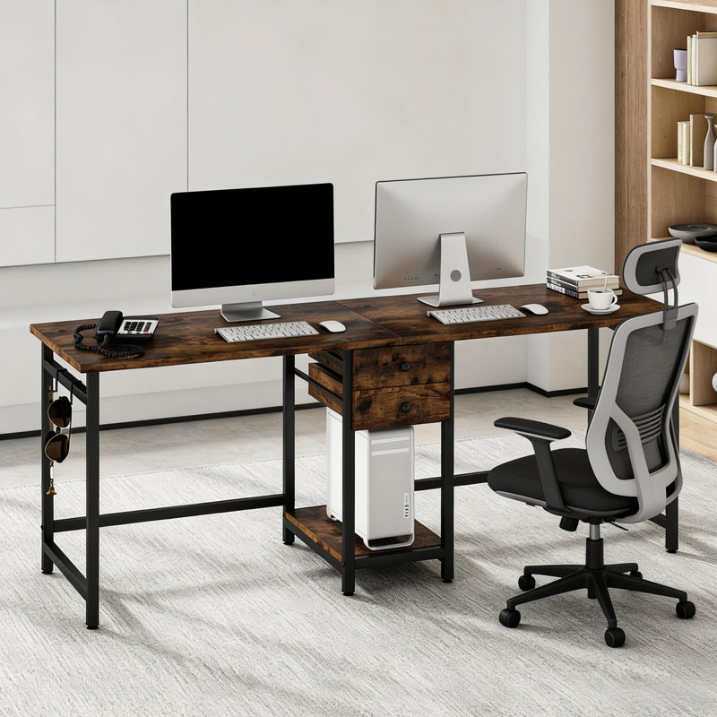 Bureau à deux places, table de jeu double - grand espace de travail double avec tiroirs, tablette ouverte et crochets de sac à dos. Patins anti-bruit Scratch. Convient au bureau, aux réunions, aux études et aux jeux. Imperméable