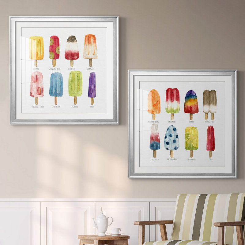 Popsicles Come Chill - ensemble de 2 reproductions, H 26,5 po x l 53 po x P 1,5 po, Papier avec cadre argenté, Blanc