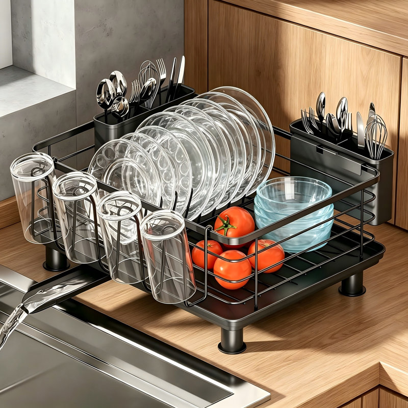 Large Capacity Dish Drying Rack with 2 Utensil Holders, Black