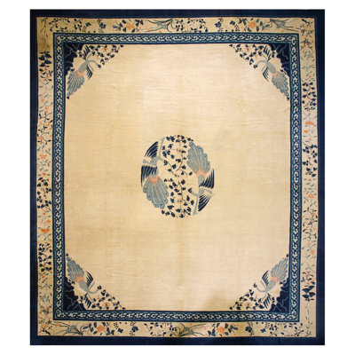 Tapis ivoire beige crème blanc en laine noué à la main 1890