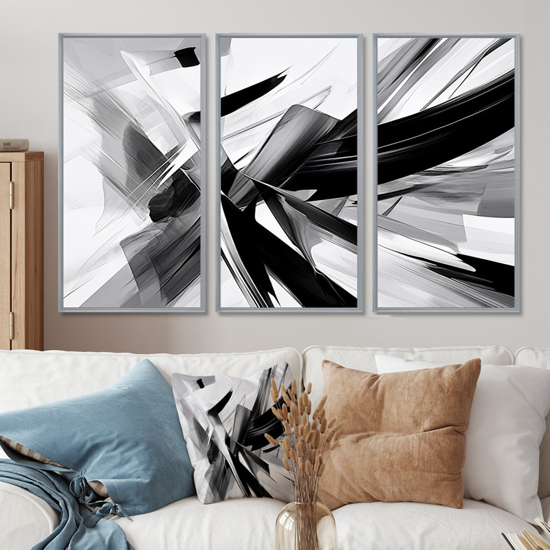 Abstrait vagues noires et blanches - ensemble d'art mural abstrait, Encadrement argenté, H 32 po x l 48 po x P 1 po