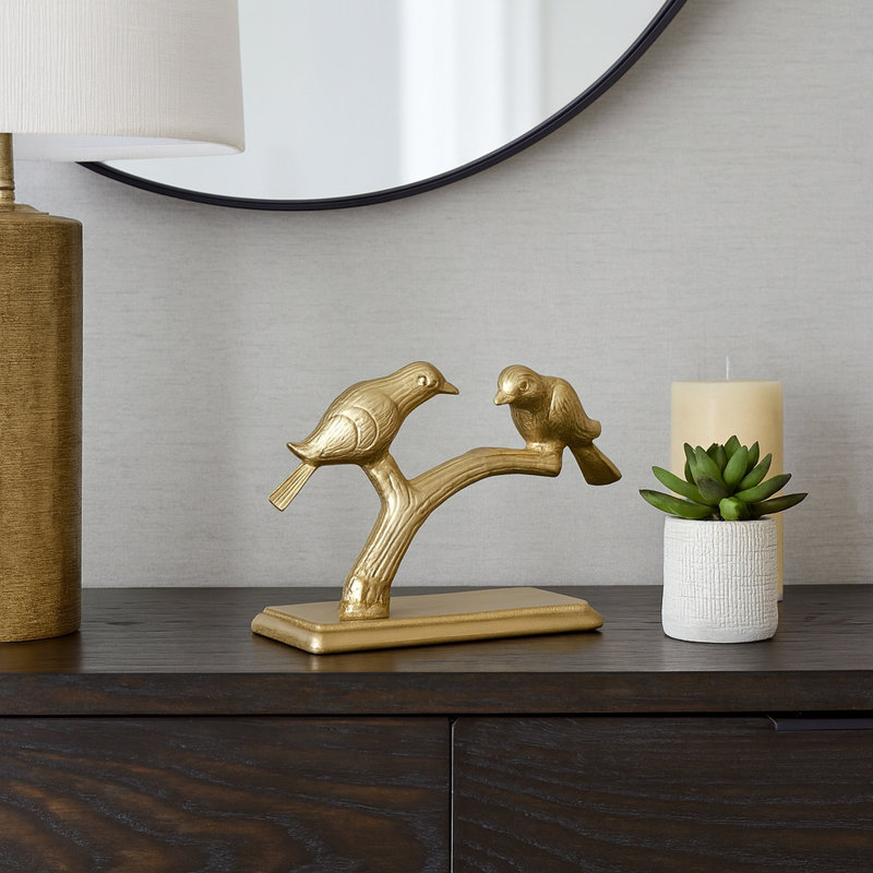 Decorative Metal Charming Birds Figurine Sculpture for Table Decor - Statue for Bedroom, Shelf, or Living Room Decoration - 10", Gold & Metallic