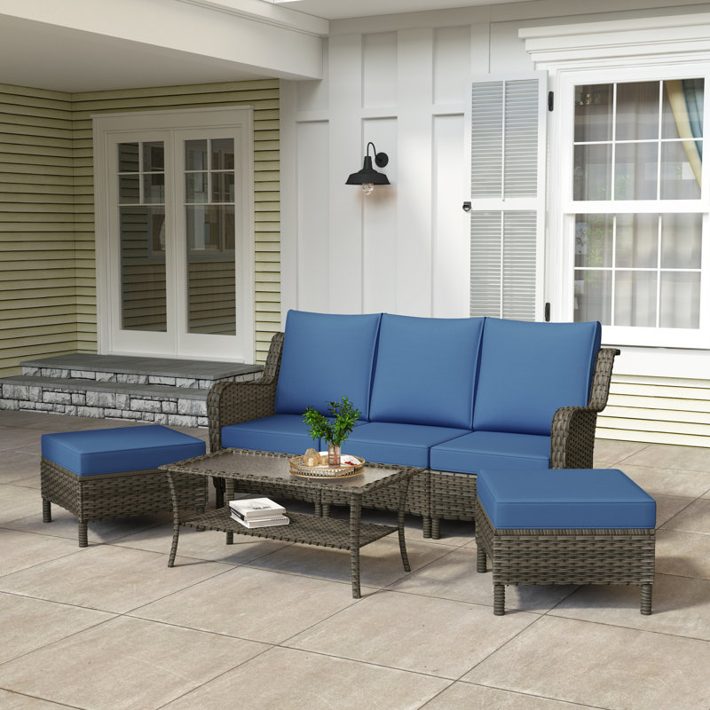 3 - Person Seating Group with Cushions, Dark Blue, Greyish Brown