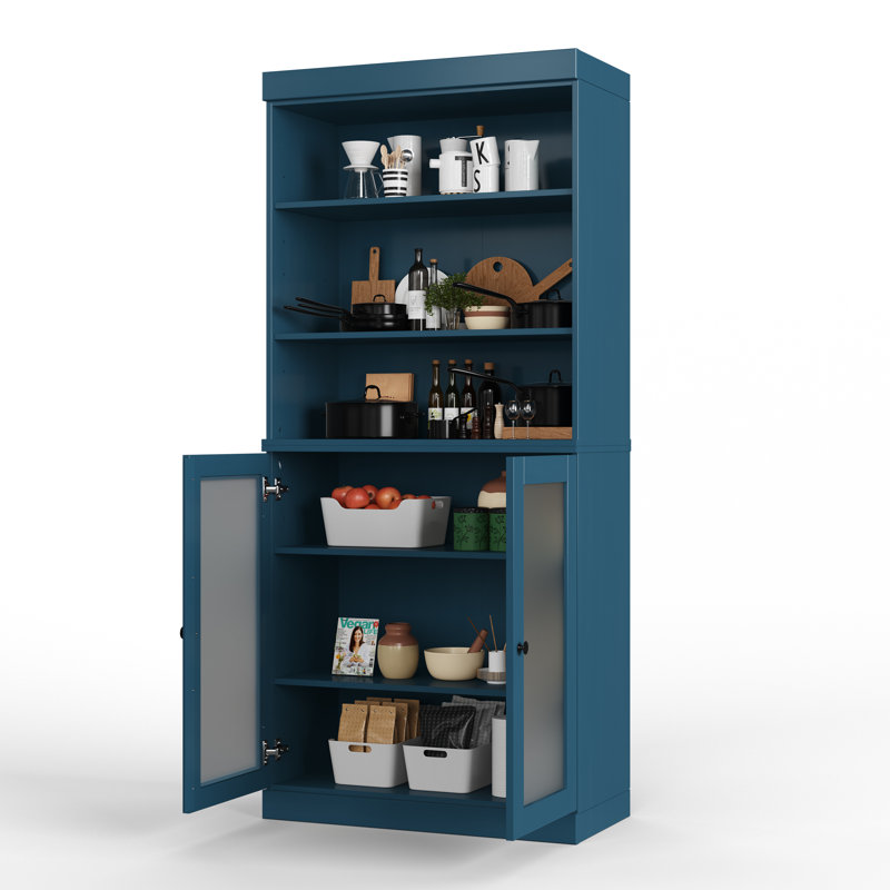 Garde-manger 100% bois massif 32 po avec portes en verre givré et tablettes réglables, Bleu sarcelle