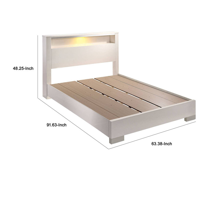 Queen Size Bed With Open Shelf, White