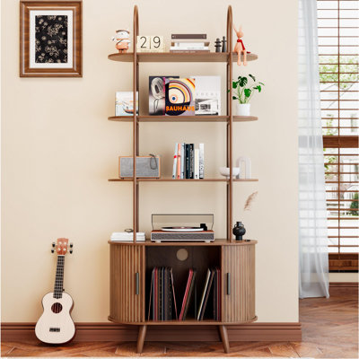 Tall Vinyl Record Player Stand, 4-Tier Bookshelf With Sliding Doors, Walnut by Corrigan Studio