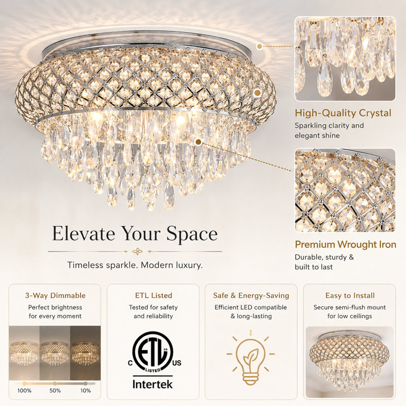 Delainy Metal and Crystal Drum Chandelier, Chrome