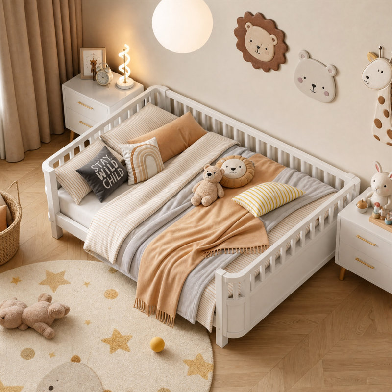 Lit plateforme double en bois pleine grandeur avec clôture de sécurité et profil bas, blanc, Full, White