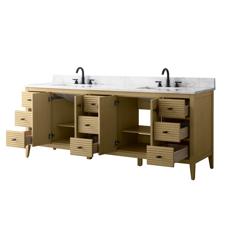 Ensemble de meuble-lavabo autoportant à double cuve 84 po avec plateau en marbre Lavallon, Chêne linéaire linéaire, Noir mat