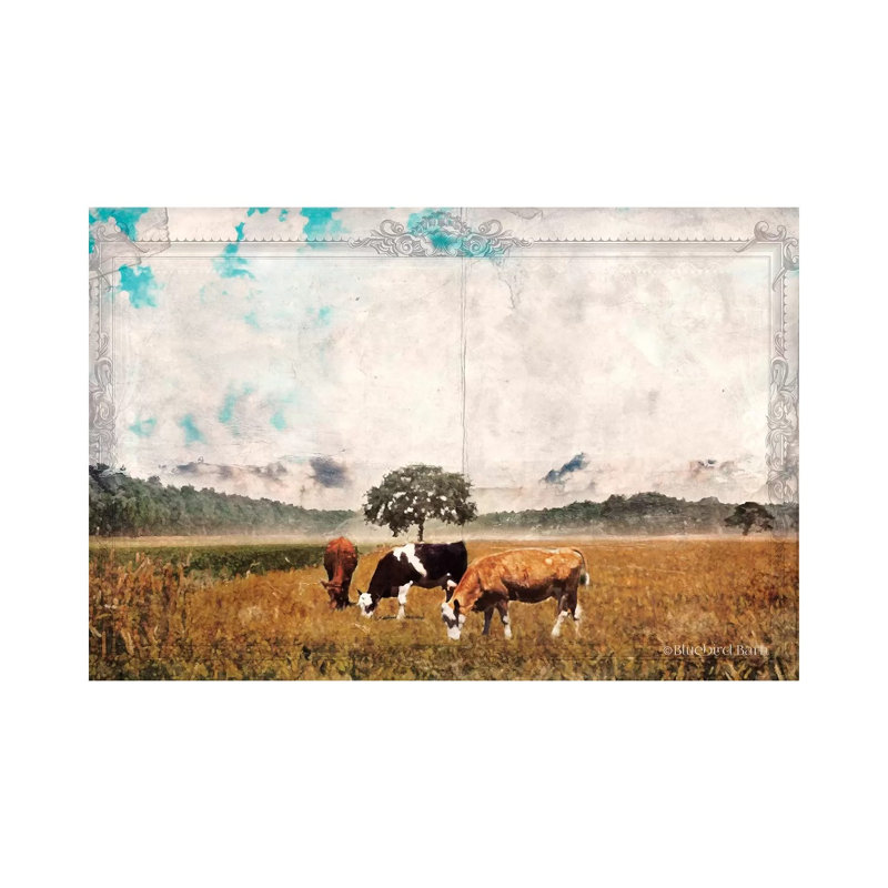 Vintage Grazing Cattle by Bluebird Barn - Wrapped Canvas Print, 20.32 cm H x 30.48 cm W