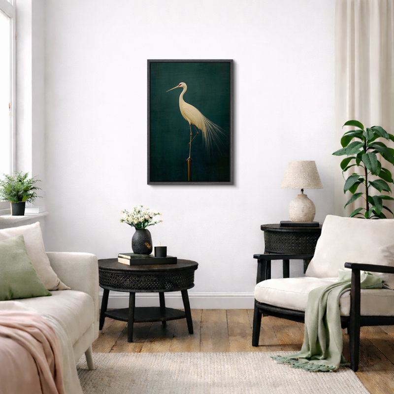 Oiseau aigrette vert rétro, photos de salle de bain rustique moderne, impression sur toile encadrée, H 36 po x l 24 po, Noir