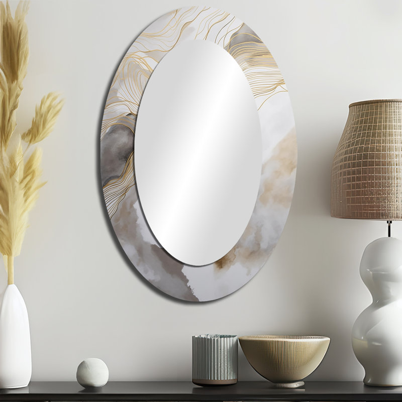 Gold And Grey Abstracted Line Artistry V - Large Oval Wall Mirror On Metal, 36" x 24"