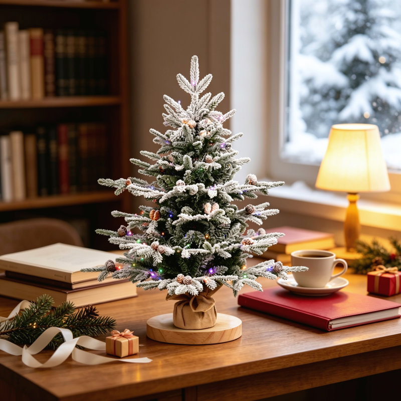 Sapin de Noël artificiel floqué préilluminé de 90 cm, 528 branches, 100 lumières DEL bicolores, 26 pommes de pin, diamètre de 79 cm, base en toile de jute et ciment pour la décoration intérieure des fêtes