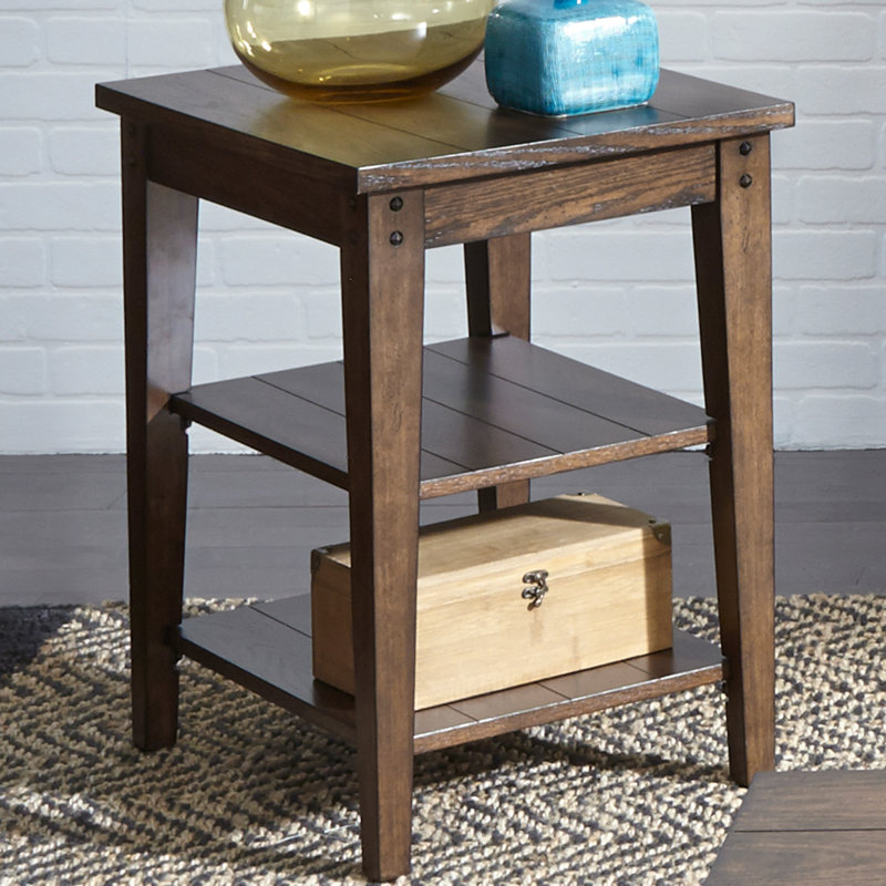 Rustic Brown Oak Rectangular Tiered Storage Table