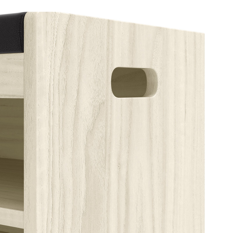 6 Pair PU Shoe Bench With Handle, Natural Wood/Black