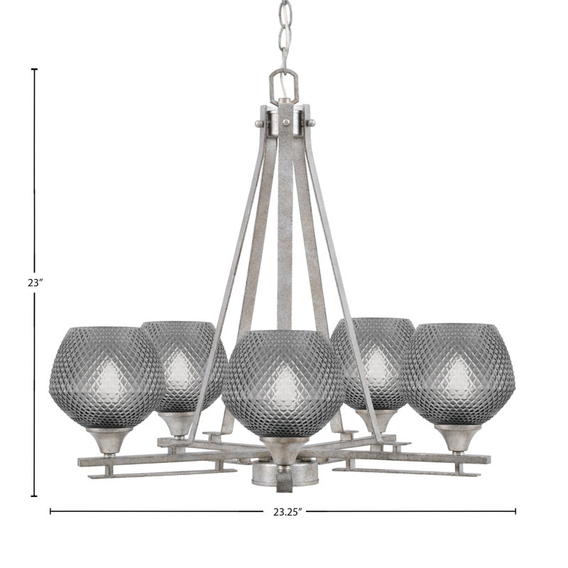 Lustre 5 lumières Uptowne illustré en finition argent vieilli avec verre texturé fumé 6 "