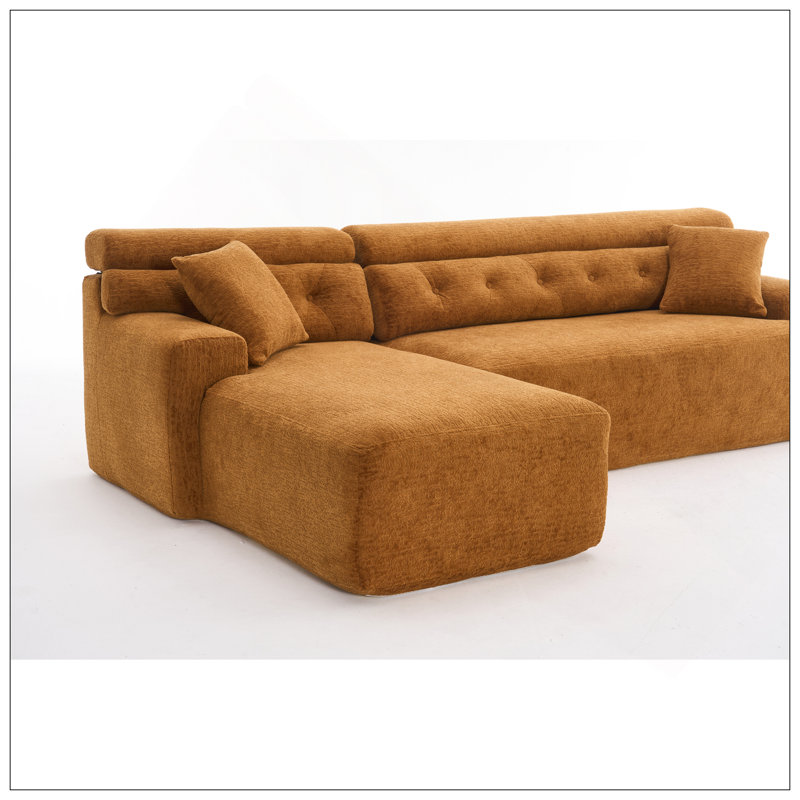 Canapé modulaire convertible en méridienne convertible, canapé modulaire en éponge à compression complète pour le salon en appartement, 3 places orange avec chenille grain de bois, 2 coussins inclus, L 86 po