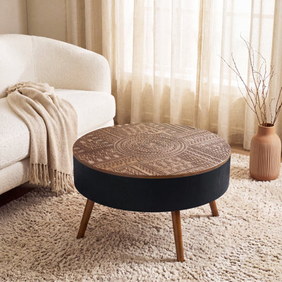 Table basse 31,5 "ronde sculptée avec rangement caché, table d'appoint en bois pour le salon