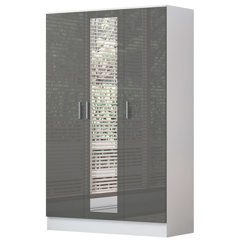 Eva High Gloss Mirrored 3 Door Wardrobe - H: 180cm x D: 47cm x W: 113cm, Matte White/Gloss Grey