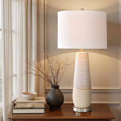 Axcell - Two-Tone Ceramic Table Lamp - Speckled Cream, Greige Finish - Brushed Silver Base - White Linen Shade