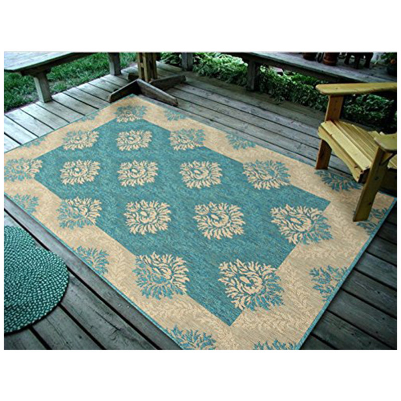Tapis bleu/beige tissé à plat Gayle, Rectangle 6 pi 7 po x 9 pi 7 po