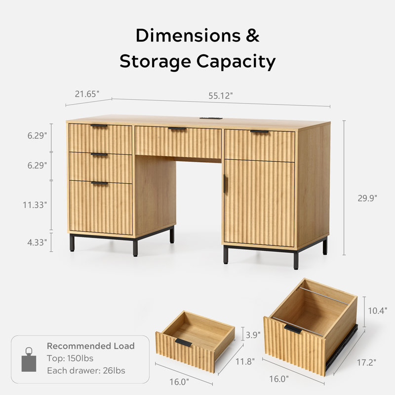 Fluted Executive Desk And File Storage Cabinet With Metal Base, Natural Oak