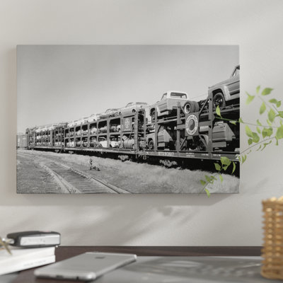 " 1960s Railroad Freight Train Carrying Automobiles And Pickup Trucks " by Unknown Artist