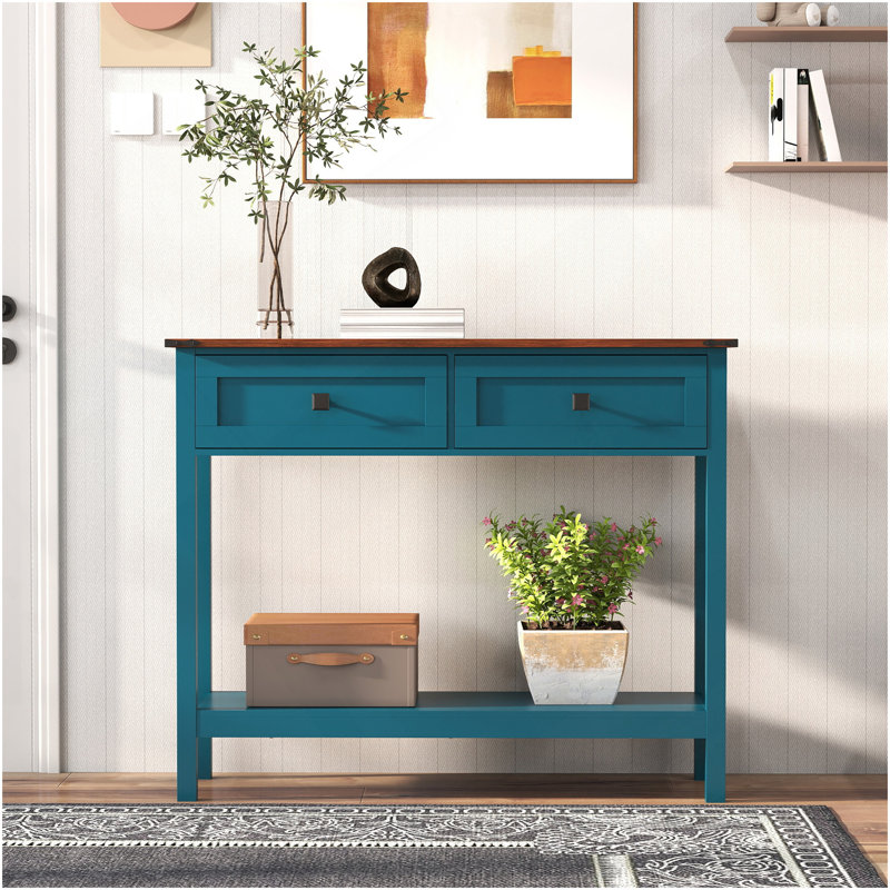 Console de style campagnard avec 2 tiroirs et tablette de rangement inférieure pour le vestibule, table d'appoint rustique avec tiroir de rangement et tablette pour le salon, couloir (bleu pagode)