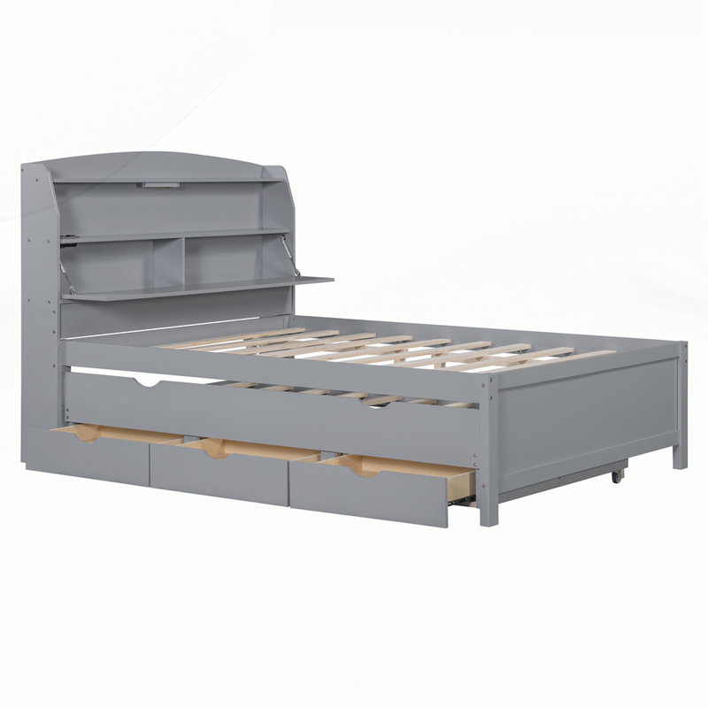 Lit plateforme en bois avec lit gigogne et tiroirs à DEL, Complète, gris