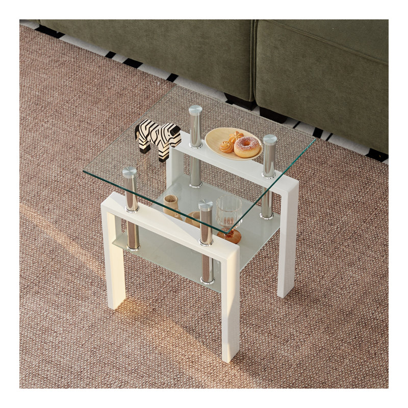 Table de bout en verre trempé blanc, petite table avec rangement à 2 couches, table d'appoint de salon