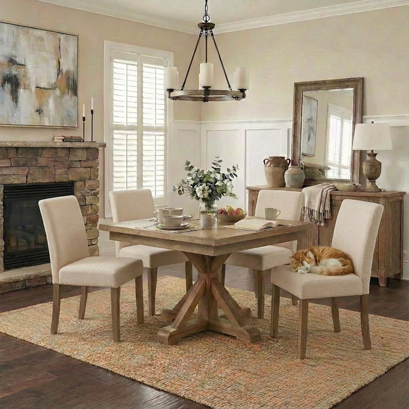 Upholstered Dining Chair, Modern Parsons Kitchen Chair, High Back Side Chair with Solid Wood Legs, Beige