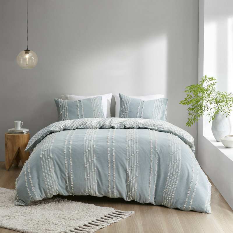 Housse de couette double / grand en coton, à rayures et revers avec cravate intérieure Housse de couette double / grand, rayures brodées sur fond naturel réversible