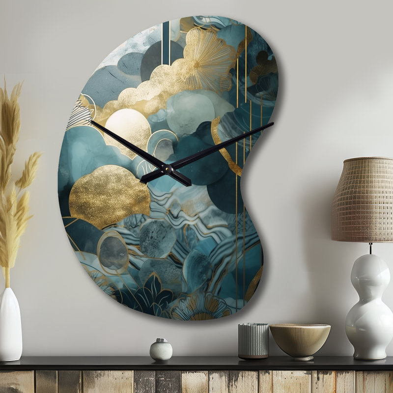 Bleu et or abstrait harmonies de la nature - grande horloge murale bleue en forme de flèche - forme unique, Grand