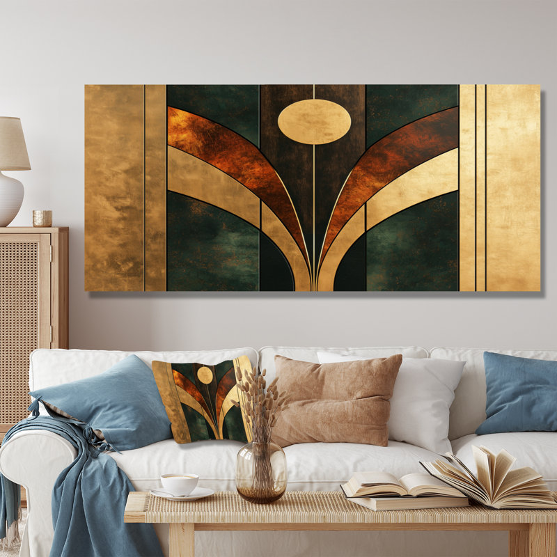 Formes géométriques essentielles en noyer - art abstrait art déco, Toile tendue encadrée, H 28 po x l 60 po