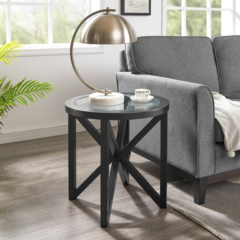 simple glass coffee table, tempered glass coffee table solid wood base round transparent glass top, Black