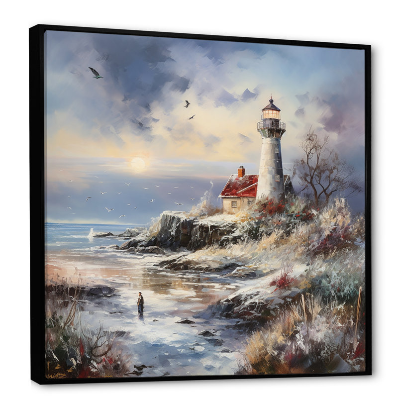 Charme de phare côtier en hiver, H 30 po x l 30 po x P 1 po, Cadre flottant noir