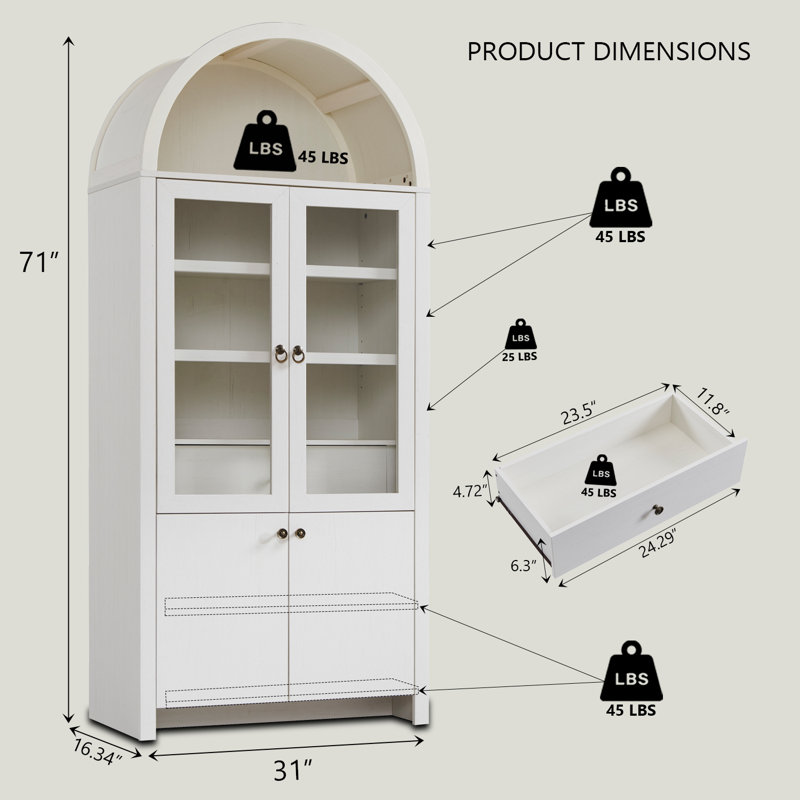 71" Tall White Arched Kitchen Pantry Cabinet with Glass Doors