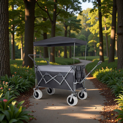 Multi-Functional Push-Pull Folding Wagon Cart with Rotating Handle & Canopy, 9"x4" Beach Tires for Camping & Beach, Load Capacity 480lbs, 300L Large Capacity for Transport,Outdoor Use