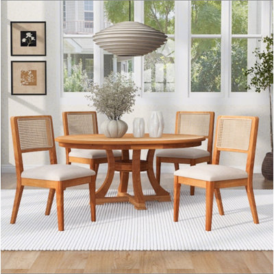 Ensemble de table de salle à manger 5 pièces French Country, table de salle à manger extensible ronde en bois + 4 chaises de salle à manger en rotin, mobilier de salle à manger peu encombrant, polyvalent pour salle à manger, petit Apar