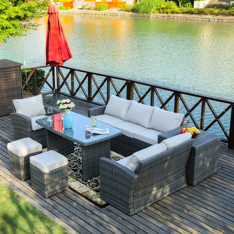 8 - Person Seating Group with Cushions, Grey/Beige
