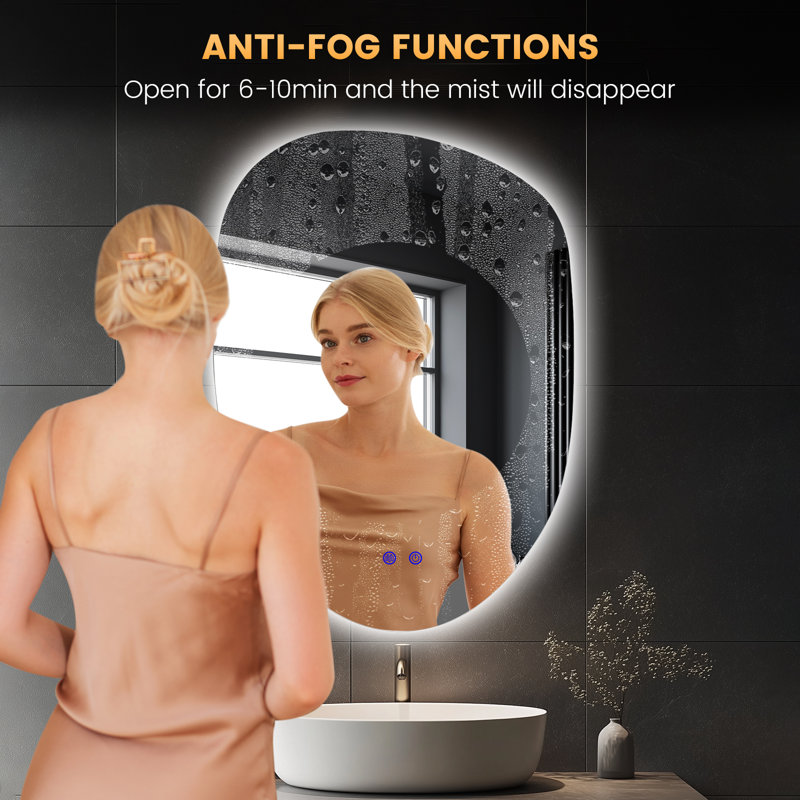 Dibbrun Frameless Lighted Bathroom Mirror, Asymmetrical, 23" x 32"