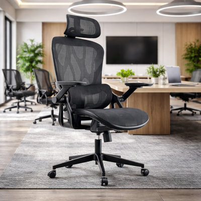 Ergonomic Mesh Office Chair, Adjustable Lumbar High Back Desk Chair 350Lbs, 3D Flip-Up Arms, 3-Level Tilt Backrest, 3D Headrest, Pu Wheels, Swivel Rolling Computer Chair For Long Desk Work