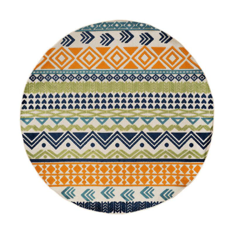 Tapis d'intérieur / extérieur géométrique Duxbury - orange / bleu marine / vert, Rond 7 pi 10 po