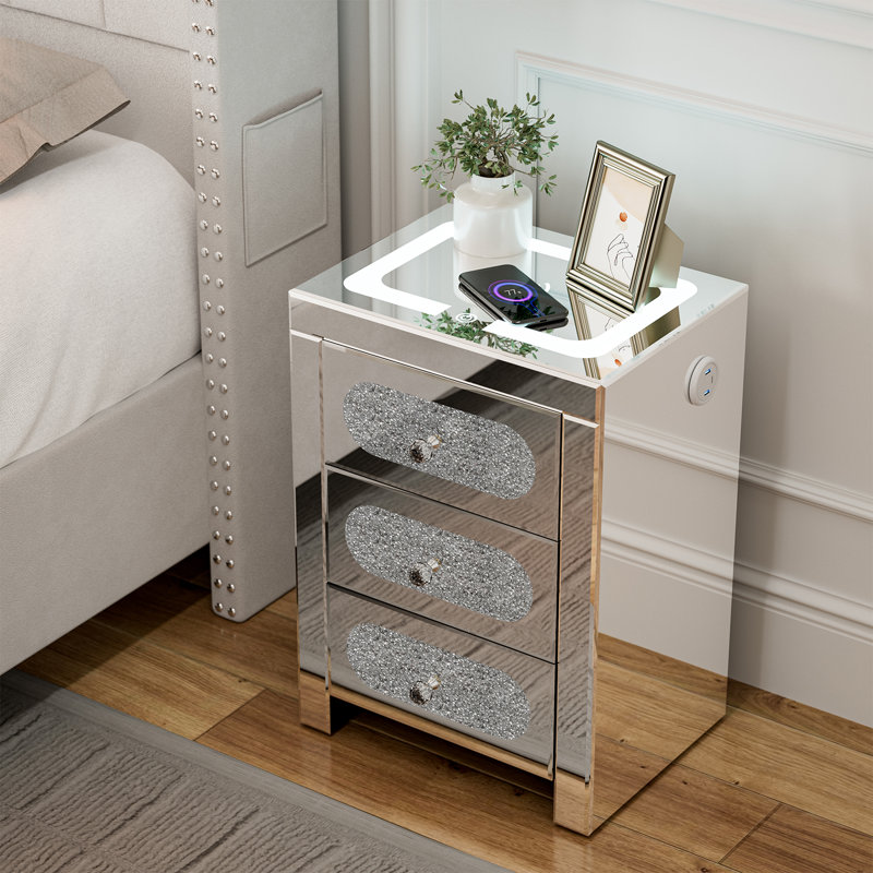 Table de chevet à miroir avec station de charge sans fil et DEL, 3 tiroirs