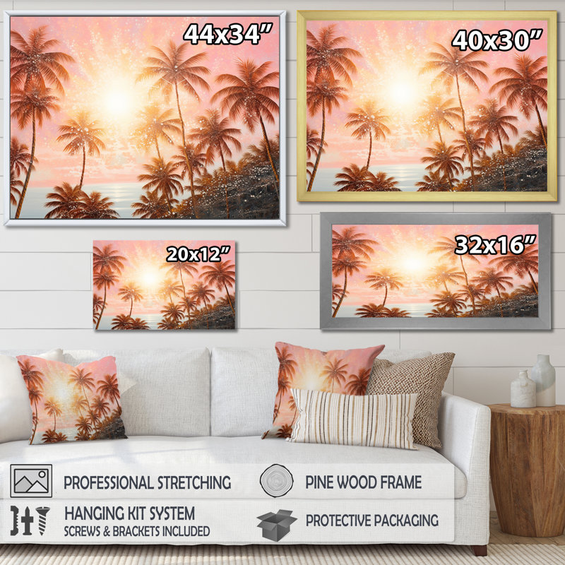 Rose Radiance Sunset Palm Trees Canvas Print with Black Frame