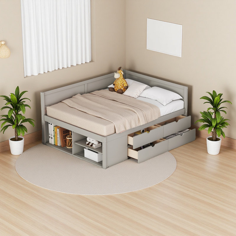 Lit de jour avec tiroirs et tablettes, Gris, Complet/Double